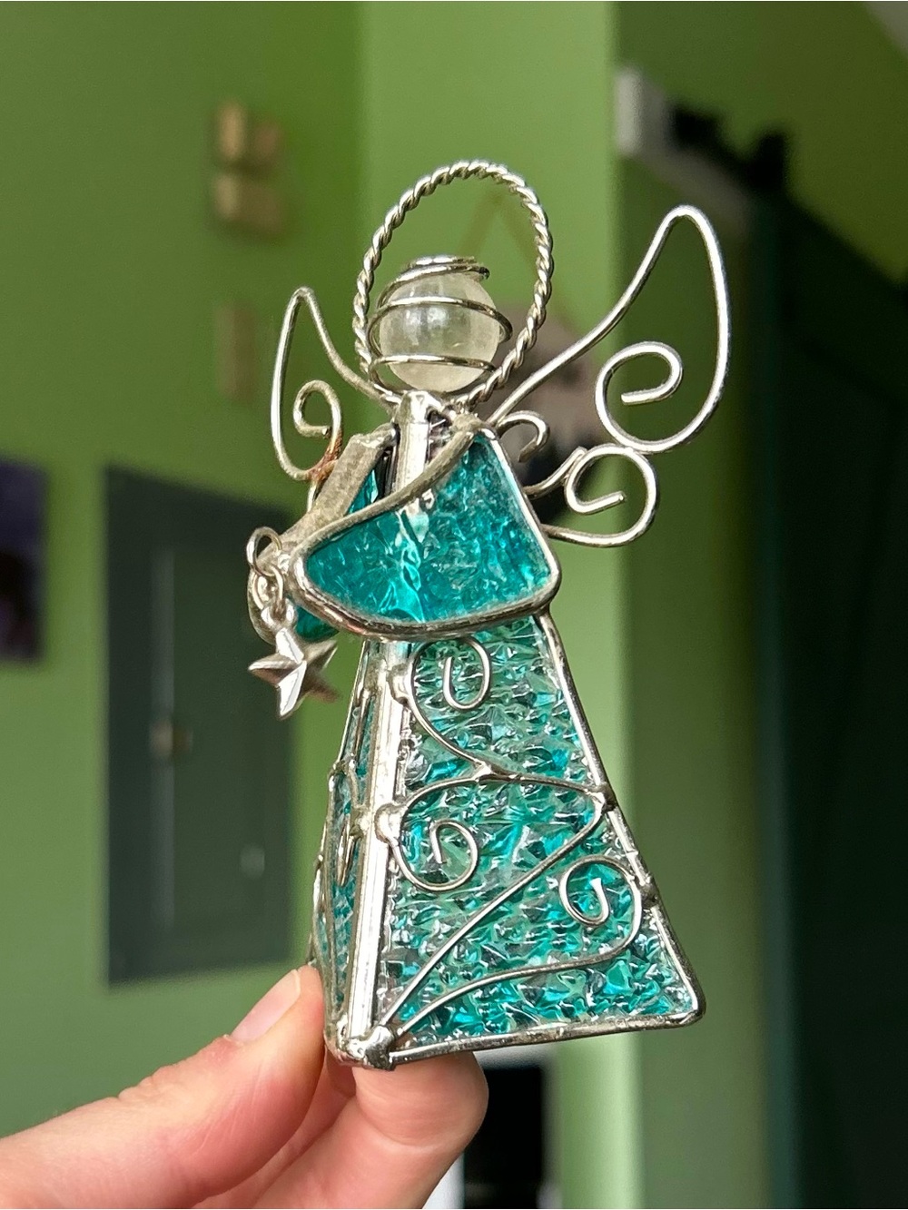 Vintage Glass Teal Angel with Silver Wire and Star Charm Accent